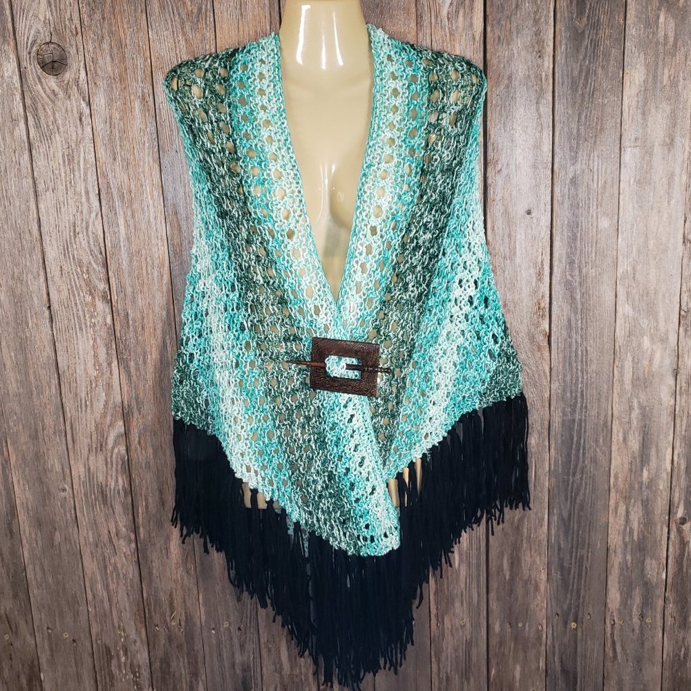 NEW Green Teal Ombre Hand Knitted Eyelet‎ Knit Handmade Boho Hippie Shawl Scarf